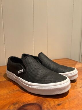 Vans Black Perforated Leather Slip-On with White Sole